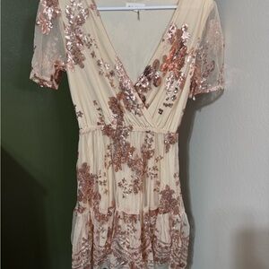 Elegant Sequin Floral Dress in Cream and Pink